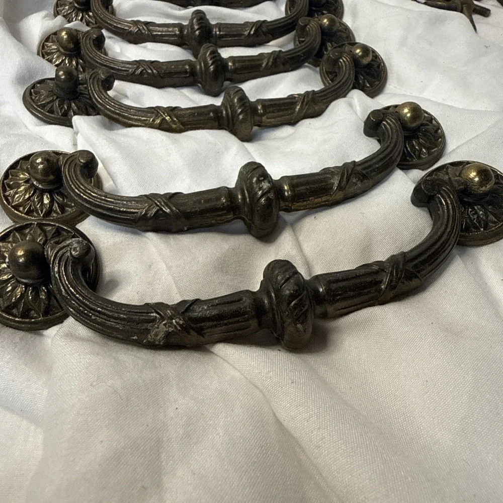 Lot vintage Drop bail dresser pulls Antique Brass Bronze Ornate 8 Handles 3 ring